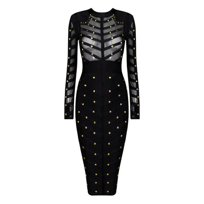 HQBORY 2023 Sexy Women Black Perspective Mesh Bandage Dress See Through Bodycon Luxury Vestidos Nail Beaded Evening Party Dress