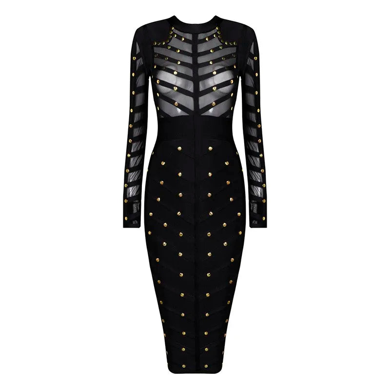 HQBORY 2023 Sexy Women Black Perspective Mesh Bandage Dress See Through Bodycon Luxury Vestidos Nail Beaded Evening Party Dress