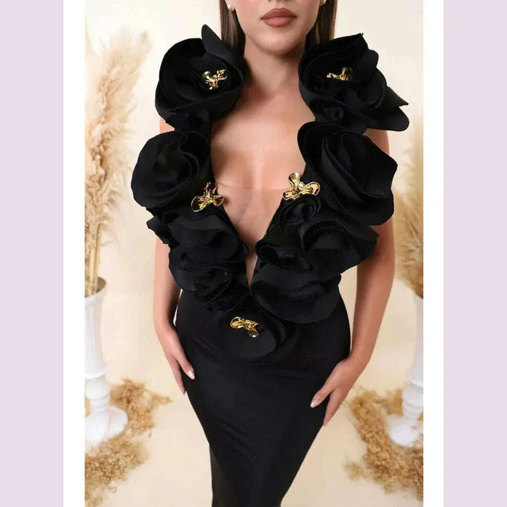 Chic Women Celebrity Sexy Deep V Neck Flower Black Maxi Long Bandage Bodycon Dress 2025 Elegant Evening Club Party Outfit