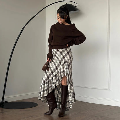 Fashion Black White Plaid Skirt Women Ruff Irregular High Waist Loose Skirts Female Spring New Chic Casual Holiday Streetwear - Kimlud