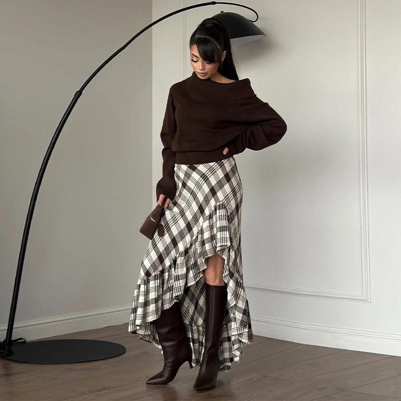 Fashion Black White Plaid Skirt Women Ruff Irregular High Waist Loose Skirts Female Spring New Chic Casual Holiday Streetwear - Kimlud