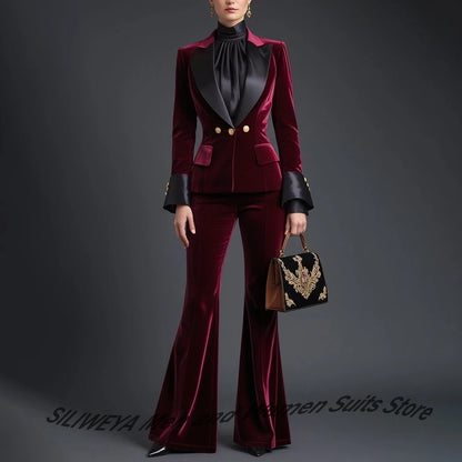 Luxury Velvet Women's Burgundy Suits Three Buttons 2-Piece Set Vintage Satin Peaked Lapel Blazer Flared Pants Evening Outfit