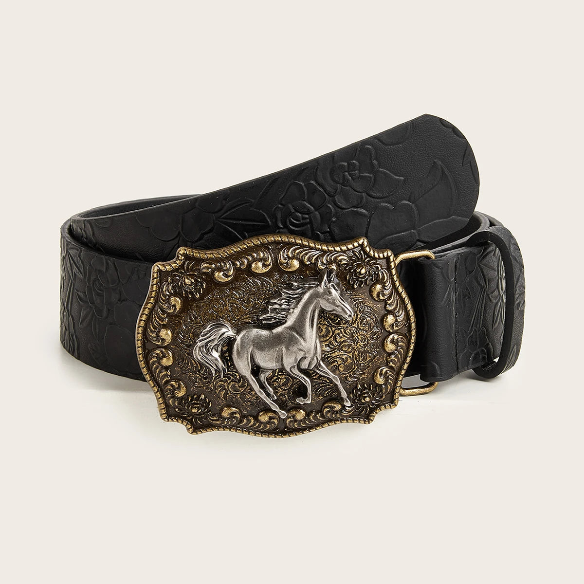 Neutral horse head buckle peony pattern PU belt fashionable
