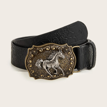 Neutral horse head buckle peony pattern PU belt fashionable
