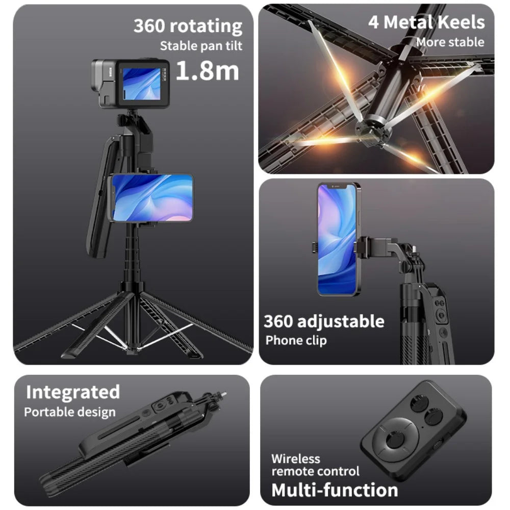 C12 1.8M Selfie Tripod for Cell Phone 360°Auto-Rotation AI Tracking Shooting Quadrapod with Remote Control Mobile phone holder