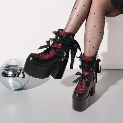 Y2k Gothic Short Boots Women Platform Chunky High Heels Bow Lace Decor Punk Fashion Women'S Ankle Boots Halloween Shoes Autumn W