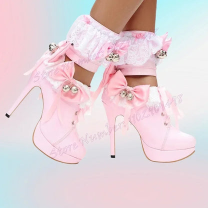 Pink Bow Knot Platform Ankle Boots Cross Tied Lace Decor Shoes for Women Thin High Heels Sexy Shoes 2024 Zapatos Para Mujere