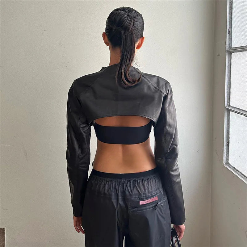 BOOFEENAA Crop PU Leather Jacket Women with Tube Top Two Piece Set Streetwear Fashion Black Coats Winter Clothes C71-CH22