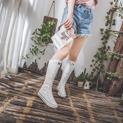 Canvas Long Boots for Women High Top Women Canvas Shoes Lace Up Knee High Boots Flats Casual Vulcanized Shoes Sneakers Girls