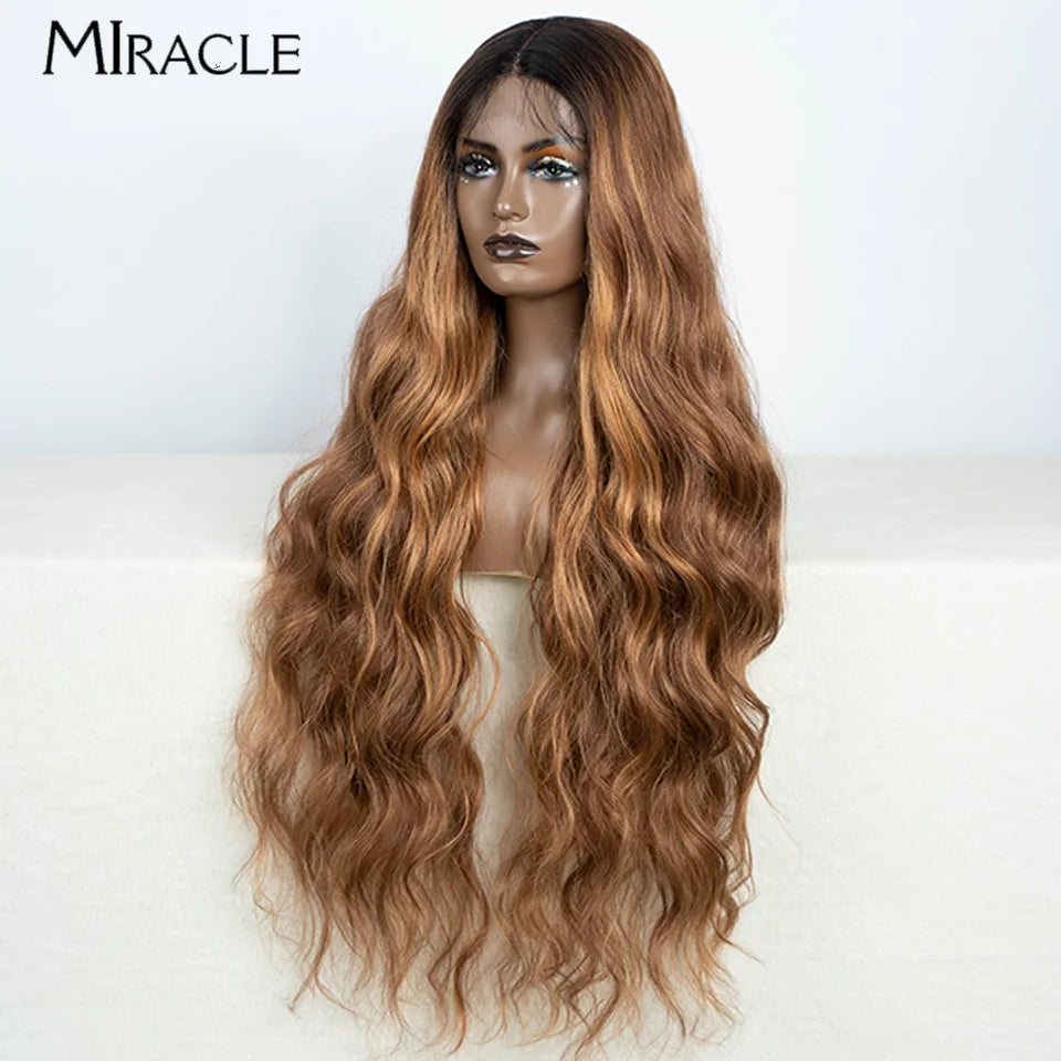 MIRACLE Synthetic 34 Inch Lace Front Wig for Women Ombre Blonde Loose Wave Wigs Famale Cosplay Wig Long Lace Wigs Wavy Fake Hair