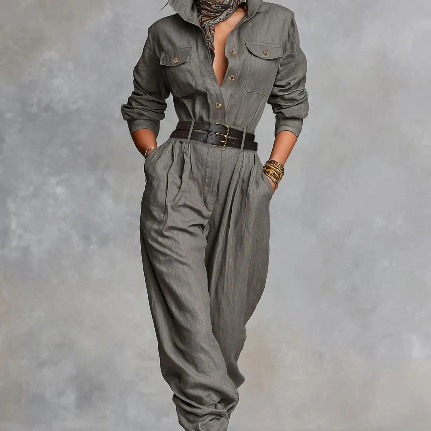 Women's Casual Utility Jumpsuit with Double Belt - Lapel Collar Button Down Long Sleeve Harem Pants One Piece Outfit |...