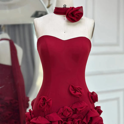 Serene Hill 2025 Pink Chiffon Strapless Sideslit Prom Dress Formal Party Wine Red Flowers Gown Rose Collar GLA72568...