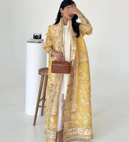 Miyake Fold 2025 Spring New Big Lapel Lace-up Cardigan Long Coat Abaya National Style Printed Long Cape Coat