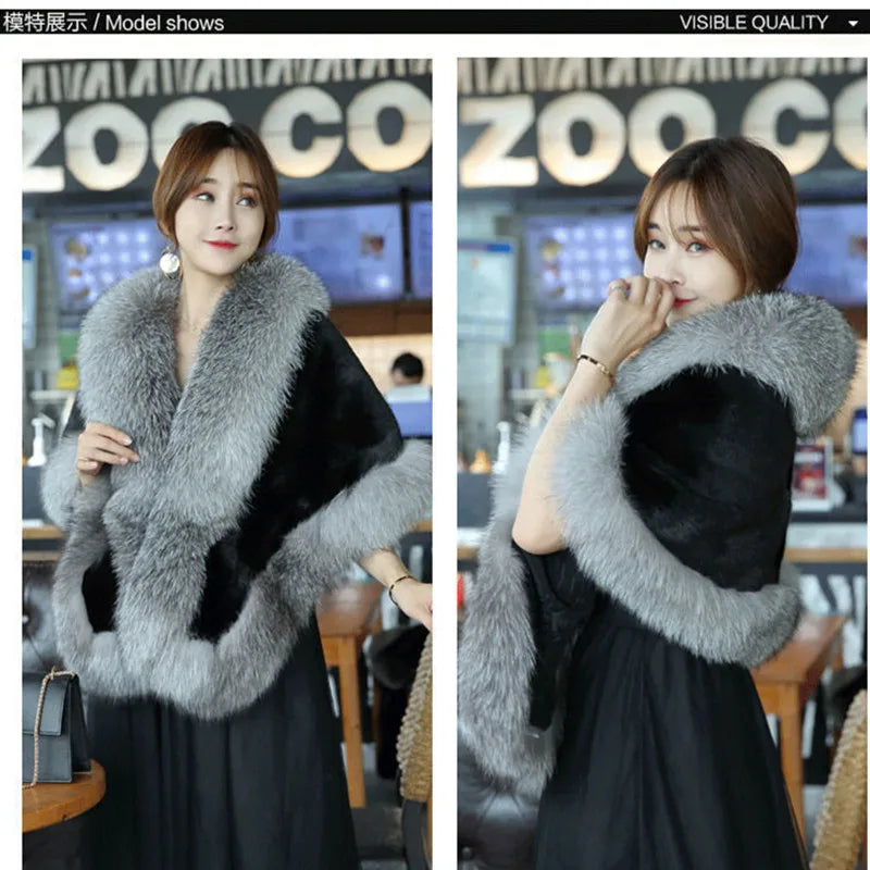 2026 imitation mink women's fox fur collar shawl scarf cloak mink fur coat Bridal dress hairy large shawl cape short coat