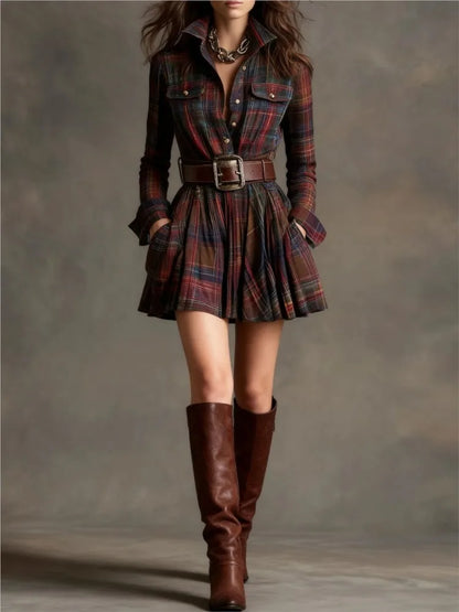 Spring Autumn New Style Temperament Commuting Women's Dress Fashionable Plaid Print Lapel Long Sleeve Belt Waist A-Line Dress