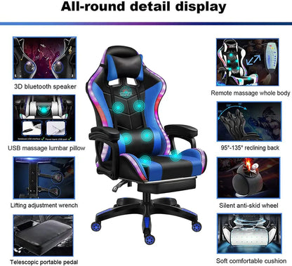 RGB Gaming Chair Ergonomic Massage High Back with Speakers And LED Light 90°-135° Adjustable PU Leather for Video Game E-Sport