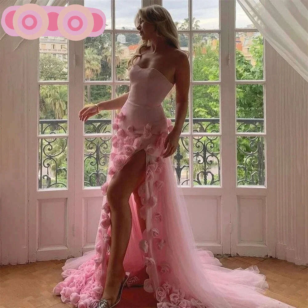 RFYR Pink Mermaid Charming Prom Dress 3D Flower Formal Gown Sleevesless Evening Gown with Side Slit vestidos de noche Customized