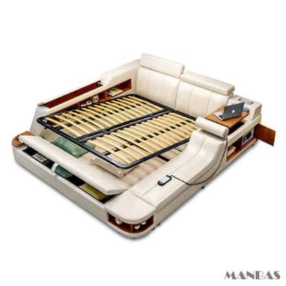 MINGDIBAO Modern Multifunctional Tech Smart Bed with Storage, USB, Speakers – King Genuine Leather Bed - Ultimate Massage Bed