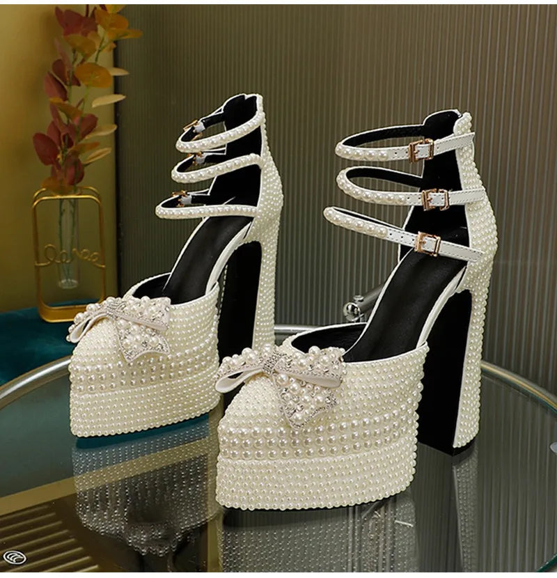 Luxury Handmade Full Pearls Rhinestones Bowknot Women Pumps Fashion Ankle Strap Platform Wedges High heels Banquet Wedding Shoes