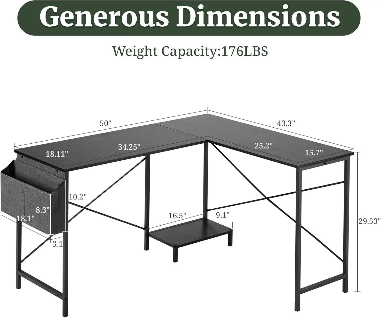 50-Inch Reversible L-Shaped Computer Desk with CPU Stand & Storage Bag, Sturdy Metal Frame for Home Office Gaming