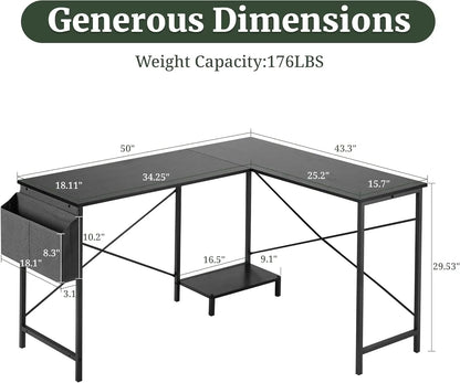 50-Inch Reversible L-Shaped Computer Desk with CPU Stand & Storage Bag, Sturdy Metal Frame for Home Office Gaming