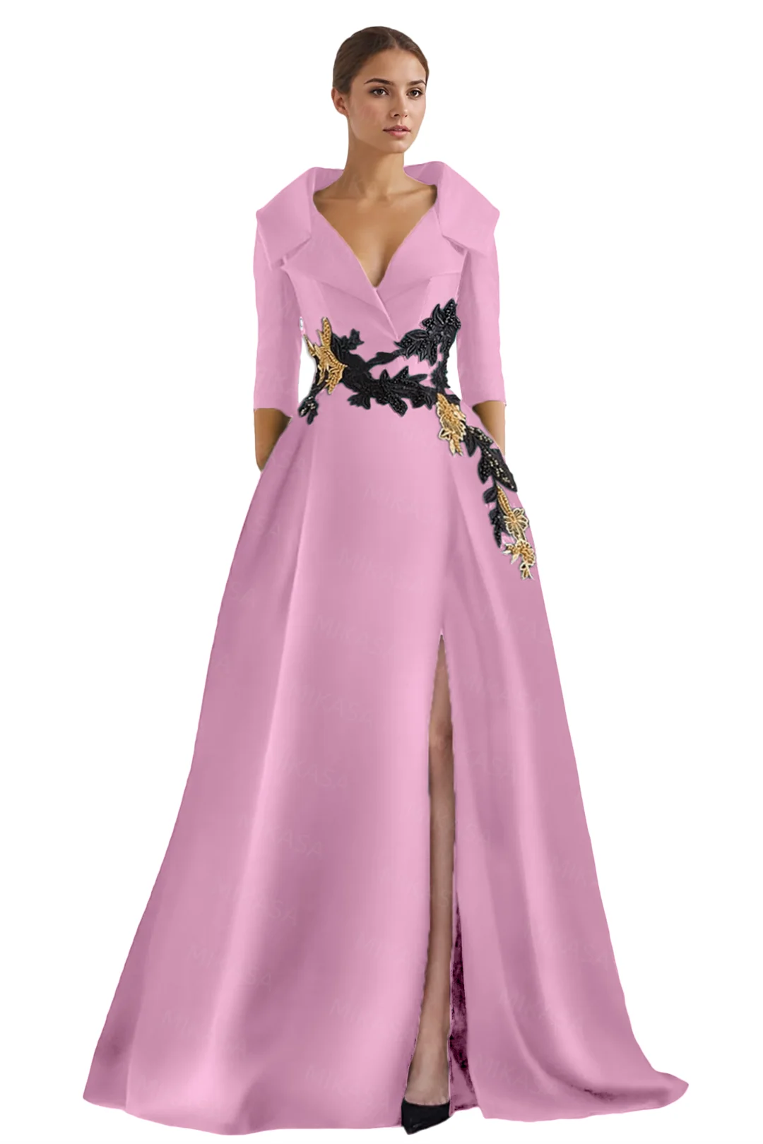 Classic Satin Evening Dresses For Women Wedding Party Guest V-neck Three Quarter A-line Side Slit Elegant Prom vestidos de gala