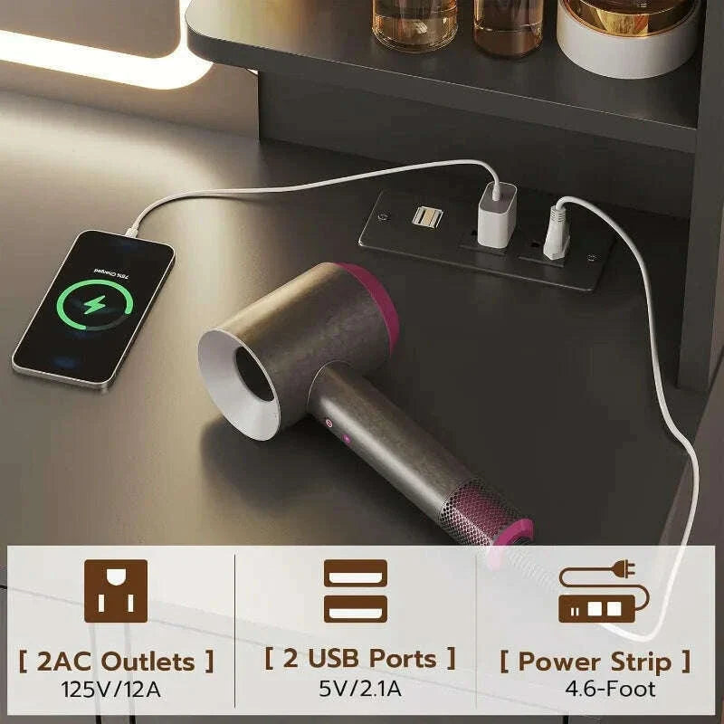 Large Makeup Vanity With Lights, LED Mirror With Digital Time Display & Power Outlet, RGB Ambient Light Vanity Desk Wit