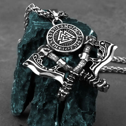 Men's Stainless Steel Exquisite Double Axe Pendant Necklace Nordic Rune Amulet Gift High Quality Popular Jewelry Wholesale