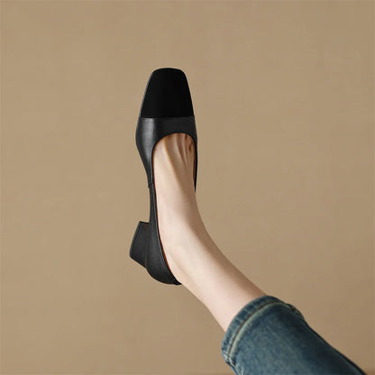 danxuefei plus size 34-42 women's genuine leather square toe slip-on pumps OL style elegant ladies 5cm thick low heel shoes sale - Kimlud