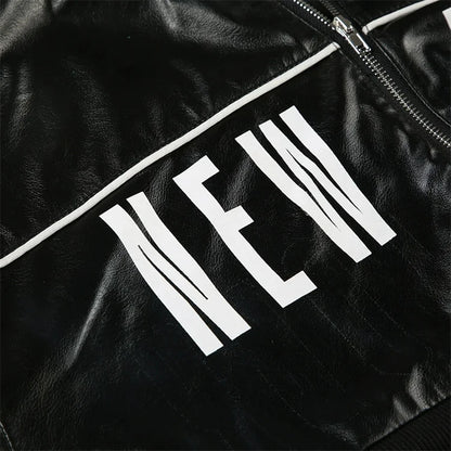 Weird Puss PU Patchwork Women Jacket Letter Print Hipster Button Zip Full Sleeve Trend Cool Street  Spring Outwear Crop Coat