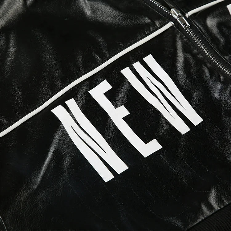 Weird Puss PU Patchwork Women Jacket Letter Print Hipster Button Zip Full Sleeve Trend Cool Street  Spring Outwear Crop Coat