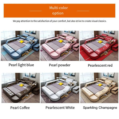 Leather Smart Bed King Size Sofa Multifunctional Queen Bed Bedroom Furniture Double Bed With Massager Lit 2 Places...