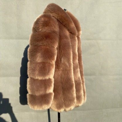 2025 Winter Women's Mid-Length Faux Fox Fur Coat Plush Luxe Warm faux fur Trench Elegant Thermal Outerwear Faux Fur Tops