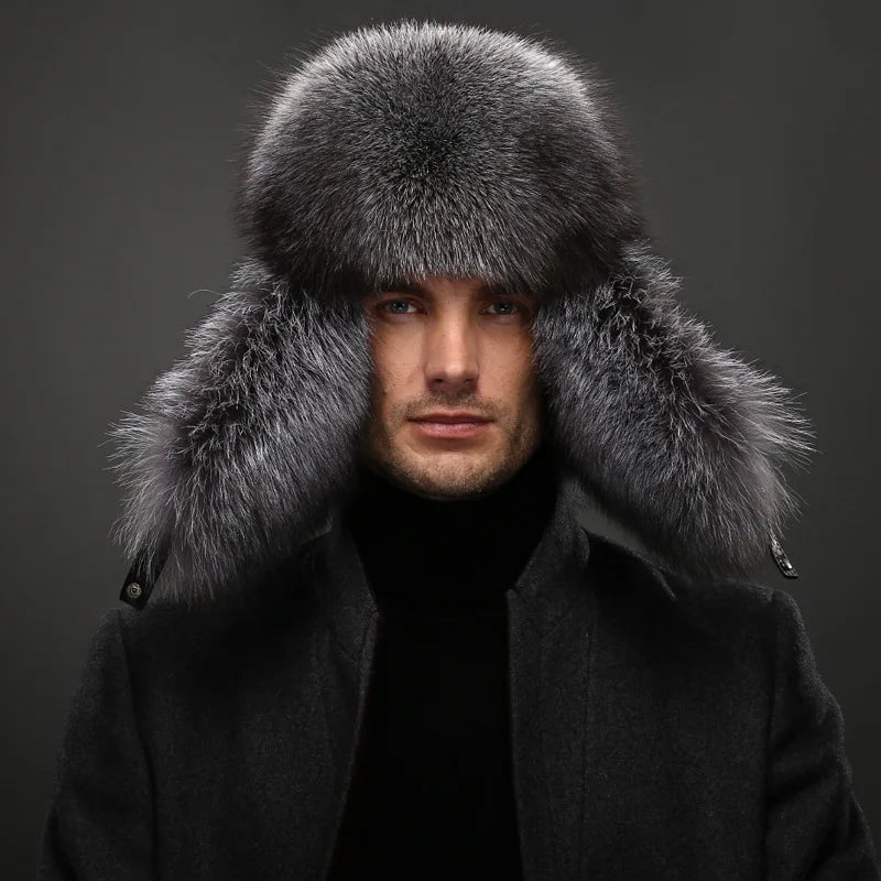 New Winter Men's 100% Real Silver Fox Fur Bomber Hat Raccoon Fur Ushanka Cap Trapper Russian Man Ski Hats Caps Real Leather Top