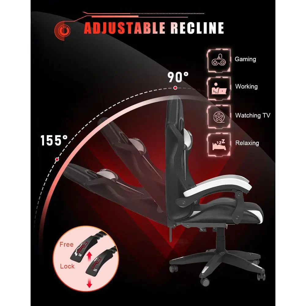 Ergonomic High-Back Gaming Chair with RGB Lighting, Reclining Seat for Adults and Kids, Lumbar and Headrest Support (Black/White