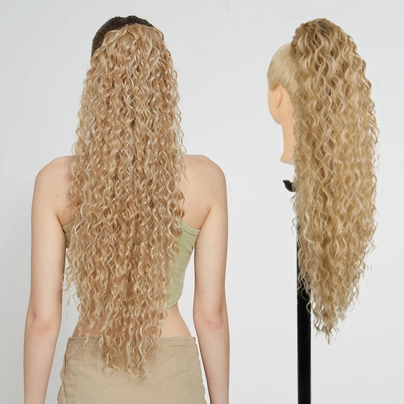 Julianna Synthetic Kanekalon Black Drawstring Water Wave Ponytail Extension Female Curly Wavy Clip In Ponytail Hair Extension