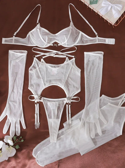 Women Transparent Bra Set Hot Erotic Sexy Costumes Solid Color Underwear Seamless Bra Thong Garters Sexy Lingerie Sets