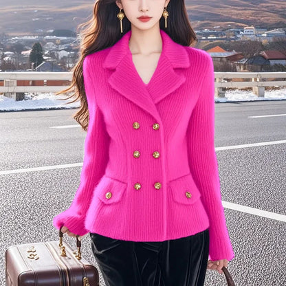 Autumn Winter Knitwear Mink Hair Sweater Women 2025 New Fashion Loose Casual Tops Button Pure Colour Pink Outerwear Female