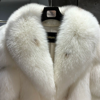 YOLOAgain Women's Luxury White Fox Fur Coat 2024 Winter Warm Real Fox Fur Jacket