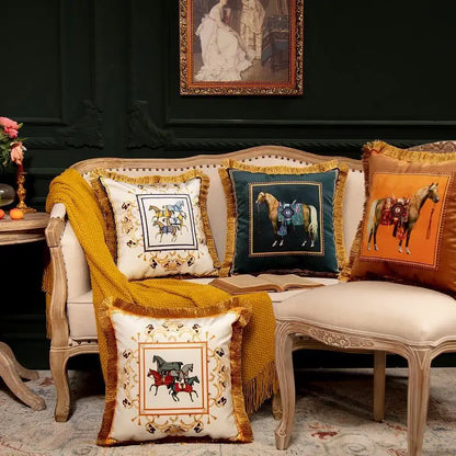 European Retro Horse Printed Pillow Cover Sofa Gold Tassel Pillowcase Velvet Fabric Cushion Cover | Kimlud Premium Pillow