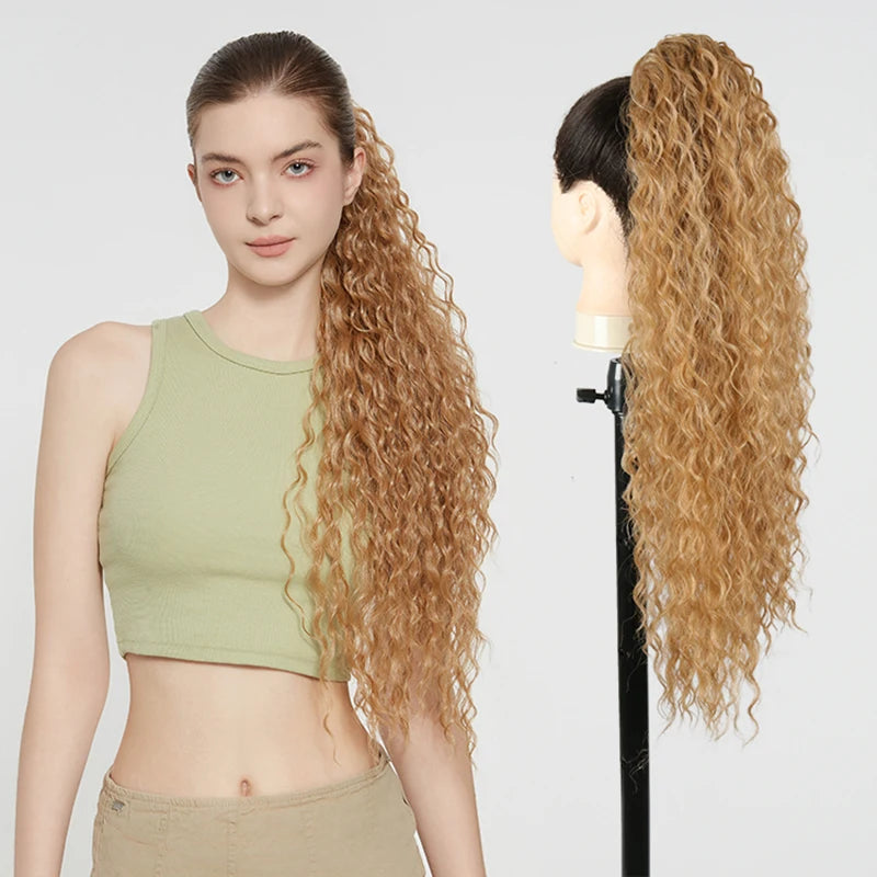 Julianna Synthetic Kanekalon Black Drawstring Water Wave Ponytail Extension Female Curly Wavy Clip In Ponytail Hair Extension