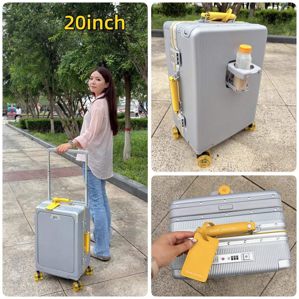Front Opening Pocket Rolling Luggage Aluminum Frame Wide Handle Trolley Suitcase with Colorful Silent Wheels & USB Charging Plug