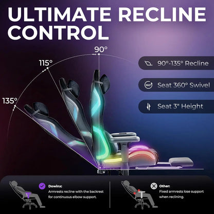 RGB LED Ergonomic Gaming Chair with Footrest Massage Lumbar Support for Adults Teens Black Customized