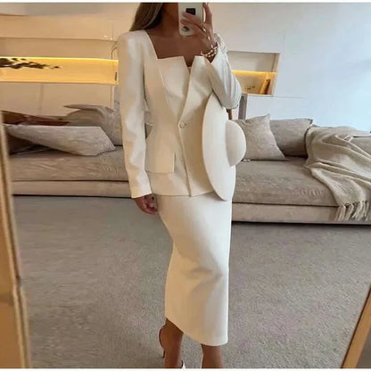 Elegant BlazerCoat Skirt Set Women Double Breasted Square Collar Slim Jacket And Midi Skirts Suits 2 Pieces Office Chic Outfits
