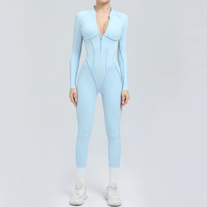Padded Women Long Sleeve Sport Yoga Jumpsuit Workout Clothes for Women Sportwear Backless Zipper Fitness Gym Outfit