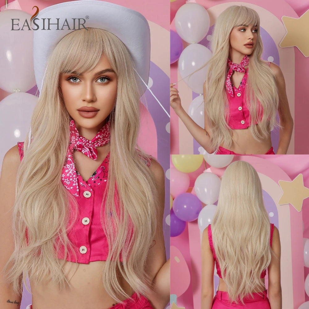 EASIHAIR Sandy Blonde Golden Wavy Synthetic Wigs with Long Bangs Cosplay Lolita Party Hair Wigs for Women Natural Heat Resistant