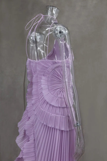 Chiffon Pleated Patchwork Sleeveless Summer Dress Women Elegant Halter Backless Split Maxi Dress Ladies Party Evening Dress 2025