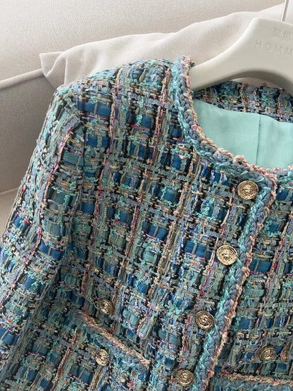 2025 New French Lady Blue Green Tweed round Neck Single Button Small Fragrance Style Jacket Vest Dress Set Casual Suit