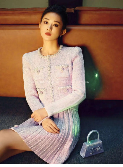 Autumn Winter Knitted Two Piece Women Set Diamonds Beading Jackets Caridgants Short Skirts Suits 2pcs Outfits