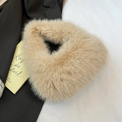 2025 New Winter Soft Plush Bag For Women Designer Half Moon Fluffy Handbag Luxury Red Faux Fur Clutch Bag Female Tote Fashion Ba